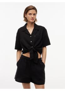 Kurzarmbluse Tommy Jeans "TJW TEXTURED TIE FRONT SS SHIRT", Damen, Gr. XL (46), schwarz, Web, Obermaterial: 100% Baumwolle, unifarben, taillenlang, V-Ausschnitt, Blusen Kurzarmbluse, Baumwolle, Brusttasche, Saum zum Knoten