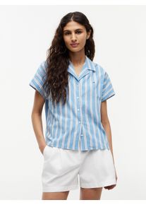 Kurzarmbluse Tommy Hilfiger "SUMMER COTTON SS SHIRT", Damen, Gr. M (40), liquorice stripe breeze blau, Web, Obermaterial: 98% Baumwolle, 2% Elasthan, gestreift, normal, V-Ausschnitt, Blusen Kurzarmbluse, Baumwollmischung