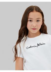 T-Shirt Calvin Klein Jeans, M&auml;dchen, Gr. 8 (128), hellwei&szlig;, Single Jersey, Obermaterial: 100% Baumwolle, unifarben, slim fit normal, Rundhals, abgesteppte Kante, Shirts T-Shirt, Rundhalsausschnitt, Slim Fit, reine Baumwolle