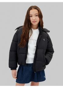Steppjacke Calvin Klein Jeans, M&auml;dchen, Gr. 6 (116), pvh schwarz, Web, Obermaterial: 100% Polyester, unifarben, regular fit h&uuml;ftbedeckend, hoch geschlossener Ausschnitt, elastischer Bund, Jacken Steppjacke, abnehmbare Kapuze, Regular Fit, Logostickerei