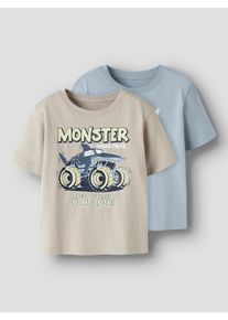 T-Shirt name it "NMMVANYO 2P SS NREG TOP", Jungen, Gr. 116, blau fog pack:chateau gray, Jersey, Obermaterial: 100% Baumwolle, bedruckt, regular fit normal, Rundhals, Shirts T-Shirt, Baumwolle, regular fit