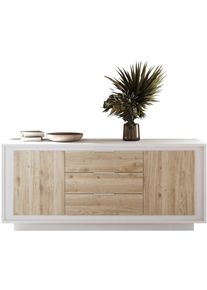 Sideboard Home Affaire "Sky, B/T 180/50 cm, Kommode/Stauraumschrank, 2 T&uuml;ren, 3 Schubk&auml;sten", wei&szlig; matt lack, eiche cadiz dekor, B:180cm H:80cm T:50cm, Holzwerkstoff, Sideboards, Sideboard, Softclosing, Korpus & Front 22 mm stark, Rahmen-Optik, Metallgriffe