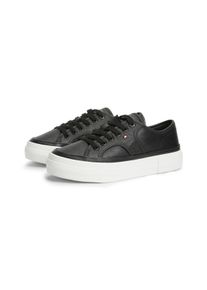 Plateausneaker Tommy Hilfiger "PLATFORM VULC SNEAKER PIPING LTR", Damen, Gr. 42, schwarz, Leder, Schuhe Plateausneaker, Freizeitschuh, Halbschuh, Schn&uuml;rschuh mit seitlichem Flaggen-Element