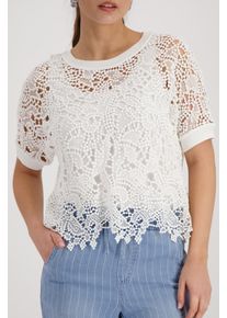 Ajourpullover monari "Pullover Basic Spitze", Damen, Gr. 38, wei&szlig; (sanftes wei&szlig;), Strick, Obermaterial: 100% Baumwolle. Spitze: 92% Baumwolle, 6% Polyamid, 2% Elasthan, transparent, unifarben, regular fit normal, Rundhals, Pullover Ajourpullover, aus Spitze