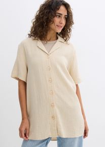 Hemdbluse bonprix, Damen, Gr. 50, hellsand, Web, Obermaterial: 100% Baumwolle, oversize Po-bedeckend, V-Ausschnitt, Blusen Hemdbluse, in weiter vokuhila Passform, reine Baumwolle, Kurzarm