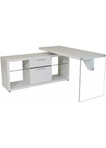 Eckschreibtisch Jahnke "LUX", wei&szlig;, glas, wei&szlig;, glas, wei&szlig;, B:141,8cm H:74cm T:140cm, Tische, Eckschreibtisch, wechselseitig montierbar, Seitenteil aus ESG Sicherheitsglas