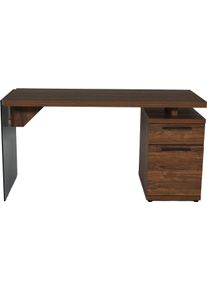 Schreibtisch Jahnke "LUX C 140", braun (walnuss, grauglas, walnuss, grauglas, walnuss), B:141,8cm H:74cm T:55cm, Tische, Schreibtisch, wechselseitig montierbar,Seitenteil aus ESG Sicherheitsglas,B:141,8 cm