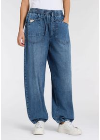 Schlupfjeans Herrlicher "Elinor Denim Light", Damen, Gr. 28, N-Gr, blau (ocean blau), Denim/Jeans, Obermaterial: 100% Baumwolle, l&auml;ssig geschnitten lang, Jeans Schlupfjeans, mit Kordelzug