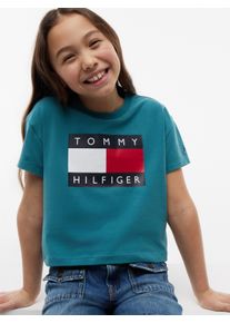 T-Shirt Tommy Hilfiger, M&auml;dchen, Gr. 4 (104), platinum teal, Single Jersey, Obermaterial: 93% Baumwolle, 7% Elasthan, regular fit kurz, Rundhals, eingesetzt abgesteppte Kante, Shirts T-Shirt, Kinder bis 16 Jahre, mit Rundhalsausschnitt