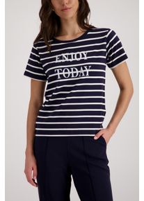 Rundhalsshirt monari, Damen, Gr. 38, blau (marine gestreift), Web, Obermaterial: 47% Baumwolle, 47% Modal, 6% Elasthan, gemustert, gestreift, mehrfarbig, regular fit taillenbedeckt, Rundhals, eingesetzt gerader Abschluss, Shirts Rundhalsshirt, mit Streifen
