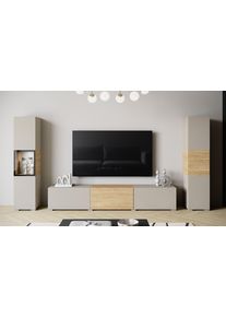 Wohnwand Home Affaire "BERLIN III, Vitrine T&uuml;rschlag links/rechts wechselbar", beige (kaschmir, eiche ge&ouml;lt), B:260cm H:130cm T:33cm, Kastenm&ouml;bel-Sets, Wohnwand, moderne grifflose Mediawand Breite 260 cm, Vitrine mit Verglasung
