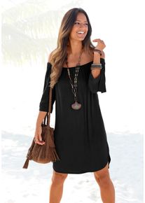 Strandkleid Lascana "mit Carmenausschnitt und 3/4-&Auml;rmeln aus gewebter Viskose, Blusenkleid", Damen, Gr. 44, N-Gr, 3/4 Arm, Web, schwarz, Web, Obermaterial: 100% Viskose, unifarben, figurumspielend ca. Mitte Oberschenkel, Carmenausschnitt, mit Bindeband, Kleider Strandkleid, luftiges Sommerkleid, kurzes Beachkleid mit lockerer Passform, casual