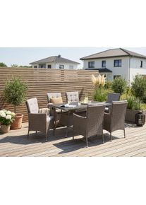 Garten-Essgruppe Konifera "Mailand", grau (grau, braun), Polyrattan, Sitzm&ouml;bel-Sets, Garten-Essgruppe, Tischplatte aus Sicherheitsglas, Staufl&auml;che unter dem Tisch