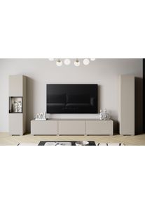Wohnwand Home Affaire "BERLIN III, Vitrine T&uuml;rschlag links/rechts wechselbar", beige (kaschmir), B:260cm H:130cm T:33cm, Kastenm&ouml;bel-Sets, Wohnwand, moderne grifflose Mediawand Breite 260 cm, Vitrine mit Verglasung
