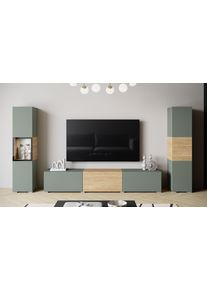 Wohnwand Home Affaire "BERLIN III, Vitrine T&uuml;rschlag links/rechts wechselbar", gr&uuml;n (salbei, eiche ge&ouml;lt), B:260cm H:130cm T:33cm, Kastenm&ouml;bel-Sets, Wohnwand, moderne grifflose Mediawand Breite 260 cm, Vitrine mit Verglasung