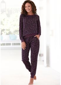 Pyjama, Damen, Gr. 48/50, lila, Single Jersey, Obermaterial: 100% Baumwolle, VIVANCE DREAMS BY LASCANA, bedruckt, Basic lang, Rundhals, Raglan&auml;rmel Rippb&uuml;ndchen, Homewear-Sets Pyjama, mit tonalem Animalprint