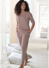 Pyjama, Damen, Gr. 36/38, lila (mauve), Single Jersey, Obermaterial: 100% Baumwolle, VIVANCE DREAMS BY LASCANA, loose fit lang, Homewear-Sets Pyjama, mit sch&ouml;nem Foildruck