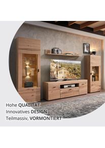 Wohnwand Wohnconcept "MALAGA Wohnwand, 305/194/49 ( BxHxT)", altesche, old artisan, B:305cm H:194cm T:49cm, Glas, Holzwerkstoff, Massivholz, Metall, Kastenm&ouml;bel-Sets, Wohnwand, Modernes Design, Massivholzfront, Soft-Close Funktion, LED-Beleuchtung