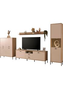 Wohnwand Home Affaire "Fredericia, moderne Anbauwand, Komplettset in Kaschmir", beige (eiche cremona toro, kaschmir), Kastenm&ouml;bel-Sets, B/H/T: 384cmcm x 206cmcm x 40cmcm, Holzwerkstoff, Wohnwand, enth&auml;lt Vitrine, Lowboard, Highboard und Wandboard, 384 cm breit, B:384cm H:206cm T:40cm