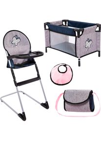 Puppenbett BAYER "Puppen-Reise-Set", grau mit schmetterling, Puppenm&ouml;bel, Kinder, Puppenbett, inklusive Hochstuhl, L&auml;tzchen und Umh&auml;ngetasche
