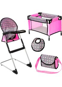 Puppenbett BAYER "Puppen-Reise-Set", grau, rosa punkte, Puppenm&ouml;bel, Kinder, Puppenbett, inklusive Hochstuhl, L&auml;tzchen und Umh&auml;ngetasche
