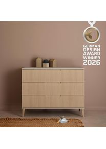 Wickelkommode Paidi "JONTE in Beige & Eichefarben, 3 Schubladen mit Soft-Close, Vollauszug", beige (cashmere, beige, stripy light oak, cashmere, beige), B:124cm H:95cm T:56cm, Holzwerkstoff, MDF, Wickelkommoden, Wickelkommode, Kommode 124 cm Breite, Wickeltisch mit Massivholz-F&uuml;&szlig;en