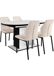 Essgruppe OTTO HOME "Basel, Tischgruppe mit 4 St&uuml;hlen, Esstisch ausziehbar 140 - 180 cm", wei&szlig; (wei&szlig;, creme), Webstoff, Auszugsplatte, Sitzm&ouml;bel-Sets, Essgruppe, BESTSELLER, Sitzgruppe, Tisch, St&uuml;hle, ovale Tischplatte, S&auml;ulentisch