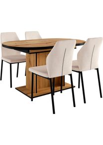 Essgruppe OTTO HOME "Basel, Tischgruppe mit 4 St&uuml;hlen, Esstisch ausziehbar 140 - 180 cm", beige (eichefarben, creme), Webstoff, Auszugsplatte, Sitzm&ouml;bel-Sets, Essgruppe, BESTSELLER, Sitzgruppe, Tisch, St&uuml;hle, ovale Tischplatte, S&auml;ulentisch