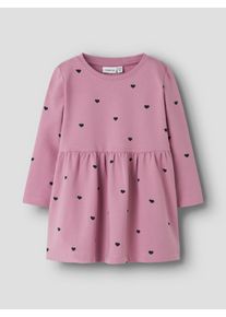 Sweatkleid name it "NMFDAVINA LS SWEAT BRU DRESS NOOS", M&auml;dchen, Gr. 92, N-Gr, mauve orchid aop:with schwarz sapphire hearts, angeraute Sweatware, Obermaterial: 95% Baumwolle, 5% Elasthan, bedruckt, Basic ca. Mitte Oberschenkel, Rundhals, abgesteppte Kante, Kleider Sweatkleid, im tollen Alloverprint