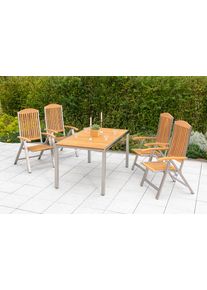 Garten-Essgruppe Merxx "Keros", braun, B:60cm H:118cm T:105cm, Edelstahl, FSC-zertifiziertes Massivholz, Sitzm&ouml;bel-Sets, Garten-Essgruppe, 4 Klappsessel mit Tisch