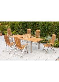 Garten-Essgruppe Merxx "Keros", braun, B:60cm H:118cm T:105cm, Edelstahl, FSC-zertifiziertes Massivholz, Sitzm&ouml;bel-Sets, Garten-Essgruppe, 6 Klappsessel mit ausziehbarem Tisch