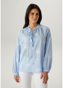 Schlupfbluse Aniston SELECTED, Damen, Gr. 48, blau (hellblau, wei&szlig;), Web, Obermaterial: 100% Baumwolle, bestickt, unifarben, l&auml;ssig geschnitten h&uuml;ftbedeckend, Rundhals, 1-Knopf-Manschette, Blusen Schlupfbluse, mit aufwendiger Allover-Stickerei und R&uuml;schen