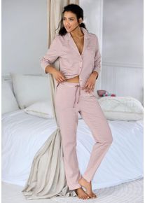 Pyjama, Damen, Gr. 36/38, mauve, gestreift, Single Jersey, Obermaterial: 100% Baumwolle, VIVANCE DREAMS BY LASCANA, Basic lang, V-Ausschnitt, eingesetzt, Homewear-Sets Pyjama, mit feinem Streifenmuster