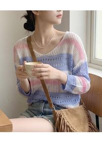 One Size Women's Hollow Out Striped Knit Top, V-Neck 3/4 Sleeve Loose Cover-Up, Lightweight Casual Beach Knitwear