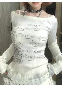 Music Note Print Long Sleeve Top Women Round Neck Casual Korean Style T Shirt Streetwear Harajuku Aesthetic Tee