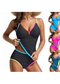 Women Swimwear Bikini High Waisted Bottom V Neck Top Tankini Teal Blue Two Piece Swimsuit with Crisscross Back and Fluorescent