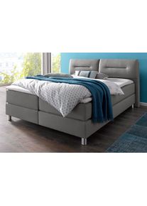 Boxspringbett Maintal, grau (hellgrau), Strukturstoff, Liegefl&auml;che B/L: 180cm x 200cm, H2 + H2, 7-Zonen-Tonnentaschen-Federkernmatratze, Bezug bei beige, anthrazit und hellgrau: pflegeleichter Strukturstoff (100% Polyester);Bezug bei wei&szlig; und schwarz: Kunstleder (100% Polyurethan);Spiegelfl&auml;che der Matratzen: Material angeben (100% Polyester), Komplettbetten, Boxspringbett, inkl. Topper