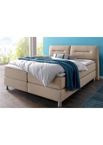 Boxspringbett Maintal, beige, Strukturstoff, Liegefl&auml;che B/L: 180cm x 200cm, H2 + H2, 7-Zonen-Kaltschaummatratze, Bezug bei beige, anthrazit und hellgrau: pflegeleichter Strukturstoff (100% Polyester);Bezug bei wei&szlig; und schwarz: Kunstleder (100% Polyurethan);Spiegelfl&auml;che der Matratzen: Material angeben (100% Polyester), Komplettbetten, Boxspringbett, inkl. Topper