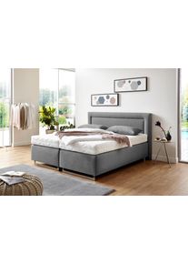 Boxspringbett, grau (feinstrukturstoff grau), Liegefl&auml;che B/L: 160cm x 200cm, H2 + H2, Bonnell-Federkernmatratze, Bezug Unterbox und Kopfteil: Feinstrukturstoff (77% Polyester, 23% Viskose);Bezug Obermatratze 100% Polyester, waschbar bis 60C;Bezug Zierkissen Feinstrukturstoff (77% Polyester, 23% Viskose), Westfalia Schlafkomfort, Komplettbetten, Boxspringbett, mit Zierkissen und verchromten Kufen,