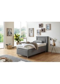 Boxspringbett, grau (feinstrukturstoff grau), Liegefl&auml;che B/L: 90cm x 200cm, H2 + H2, 7-Zonen-Kaltschaummatratze, Bezug Unterbox und Kopfteil: Feinstrukturstoff (77% Polyester, 23% Viskose);Bezug Obermatratze 100% Polyester, waschbar bis 60C;Bezug Zierkissen Feinstrukturstoff (77% Polyester, 23% Viskose), WESTFALIA SCHLAFKOMFORT, Komplettbetten, Boxspringbett, mit Zierkissen und verchromten Kufen,