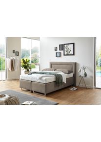 Boxspringbett, beige (feinstrukturstoff dunkelbeige), Liegefl&auml;che B/L: 140cm x 200cm, H3, 7-Zonen-Kaltschaummatratze, Bezug Unterbox und Kopfteil: Feinstrukturstoff (77% Polyester, 23% Viskose);Bezug Obermatratze 100% Polyester, waschbar bis 60C;Bezug Zierkissen Feinstrukturstoff (77% Polyester, 23% Viskose), Westfalia Schlafkomfort, Komplettbetten, Boxspringbett, mit Zierkissen und verchromten Ku