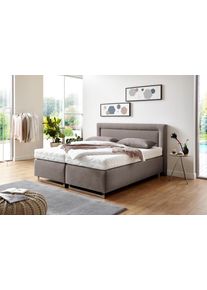 Boxspringbett, beige (feinstrukturstoff dunkelbeige), Liegefl&auml;che B/L: 180cm x 200cm, H2 + H2, Bonnell-Federkernmatratze, Bezug Unterbox und Kopfteil: Feinstrukturstoff (77% Polyester, 23% Viskose);Bezug Obermatratze 100% Polyester, waschbar bis 60C;Bezug Zierkissen Feinstrukturstoff (77% Polyester, 23% Viskose), Westfalia Schlafkomfort, Komplettbetten, Boxspringbett, mit Zierkissen und verchromte