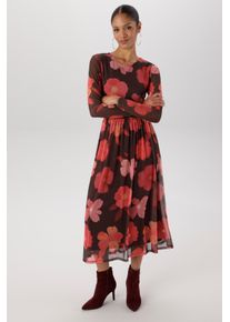 Midikleid Aniston SELECTED, Damen, Gr. 44, N-Gr, braun (hellrot, rot, rosa, gelb, braun), Mesh, Jersey, Obermaterial: 95% Polyester, 5% Elasthan. Futter: 95% Viskose, 5% Elasthan, bedruckt, gebl&uuml;mt, leicht durchscheinend, leicht transparent, figurumspielend wadenlang, Rundhals, Kleider Midikleid, in Mesh-Qualit&auml;t und Gummizug in der Taille - NEUE KOLLEKTION