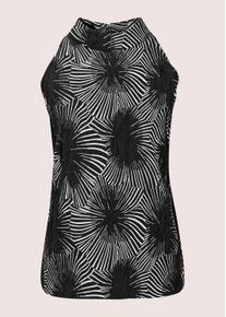Madeleine Mode Kurzarmshirt MADELEINE "Shirt Print-Neckholder mit Stehkragen und gerader Form", Damen, Gr. 34, schwarz (schwarz, wei&szlig;), Obermaterial: 95% Polyester PES. 5% Elasthan EL., Modern, gerade, Shirts Kurzarmshirt, Stehkragen mit Kn&ouml;pfen