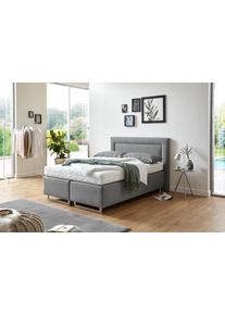 Boxspringbett, grau (feinstrukturstoff grau), Liegefl&auml;che B/L: 140cm x 200cm, H2 + H2, 7-Zonen-Kaltschaummatratze, Bezug Unterbox und Kopfteil: Feinstrukturstoff (77% Polyester, 23% Viskose);Bezug Obermatratze 100% Polyester, waschbar bis 60C;Bezug Zierkissen Feinstrukturstoff (77% Polyester, 23% Viskose), Westfalia Schlafkomfort, Komplettbetten, Boxspringbett, mit Zierkissen und verchromten Kufen