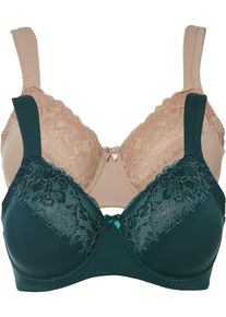Minimizer-BH bonprix "Minimizer-BH mit gepolsterten Tr&auml;gern (2er Pack)", Damen, Gr. 85, Cup E, gr&uuml;n (tiefgr&uuml;n, naturstein), Obermaterial: 80% Polyamid, 20% Elasthan. Futter: 90% Polyamid, 10% Elasthan. Spitze: 89% Polyamid, 11% Elasthan, BHs Minimizer-BH, mit gepolsterten Tr&auml;gern, Minimizer-Passform, mit edler Spitze