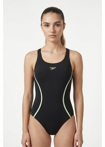 Badeanzug Speedo "SOLID SPLICE MEDALIST 1PC BLU/DKBLU", Damen, Gr. 36, N-Gr, schwarz (blk, ltgrn), Obermaterial: 100% Polyester, Badeanz&uuml;ge Badeanzug, f&uuml;r aktives Schwimmen und Fitnesstraining, mit Vier-Wege-Stretch