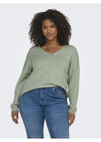 V-Ausschnitt-Pullover Only CARMAKOMA "CARMARGARETA LS PULLOVER KNT NOOS", Damen, Gr. XL, gr&uuml;n (basil detail:melange), Strick, Obermaterial: 50% Viskose, 27% Nylon, 23% Polyester, meliert, normal normal, V-Ausschnitt, Rippstrickb&uuml;ndchen, Pullover V-Ausschnitt-Pullover, Viskosemischung, regular fit