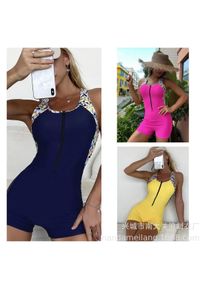 Women Swimsuit Tummy Control Swimwear Solid Color Navy Blue Front Zipper High Cut Shorts Yellow Geometric Print
