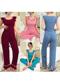 Summer Women Pajamas Top Two Piece Set Knit Lounge Wear Round Neck Blouse Ruffle Sleeve Lace Trim Flared Cuff Pullover Pajama